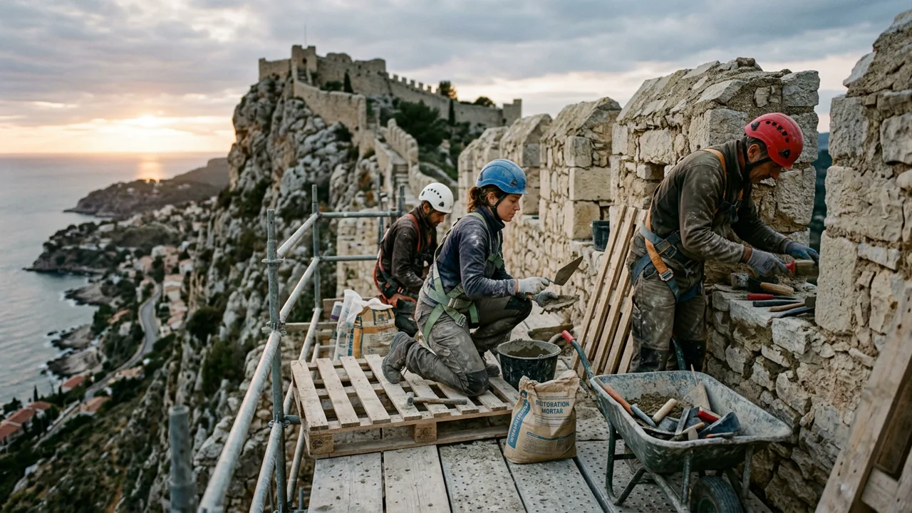 Équipe sur le chantier de consolidation des remparts