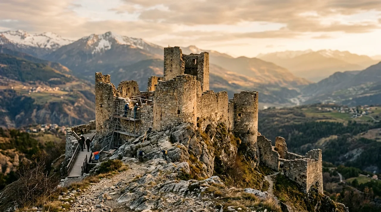 Tour de La Roche des Arnauds au crépuscule sur son éperon rocheux